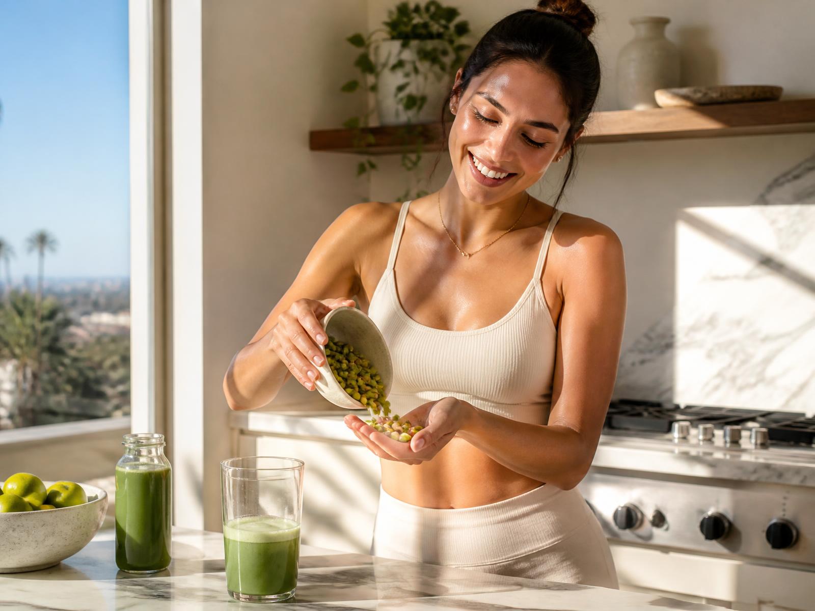 A woman in a sunlit kitchen tipping shell-free roasted pistachio kernels from a bowl into her hand