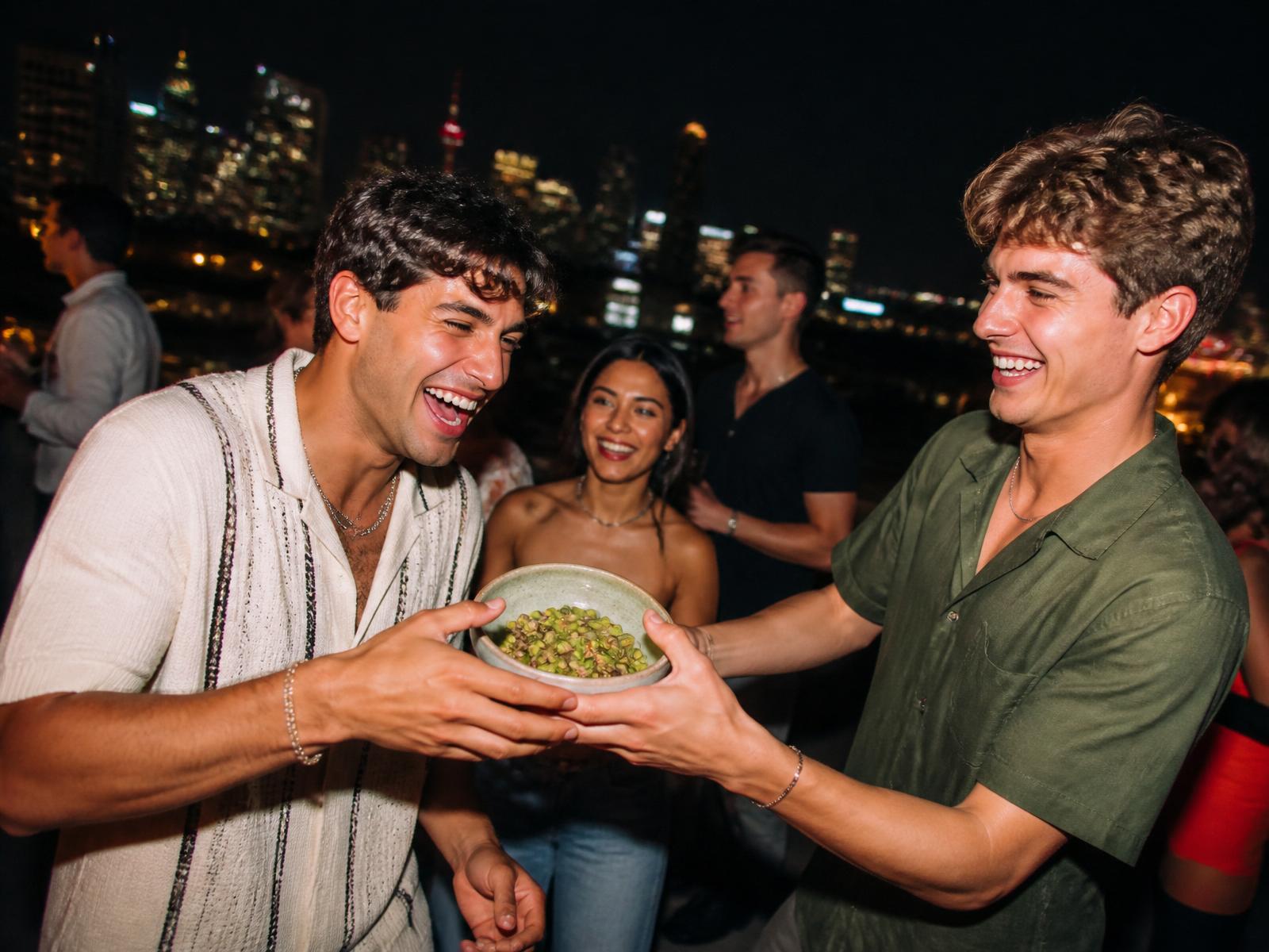 Friends passing a bowl of shell-free pistachio kernels at a rooftop party